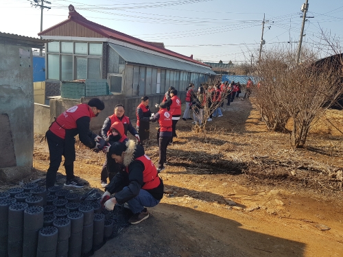 지난 2월25일 부천시 대장동에서 진행한 취약계층 겨울나기 봉사활동에서 연탄을 나르고 있는 임직원 및 임직원 가족들. 사진=롯데제과.