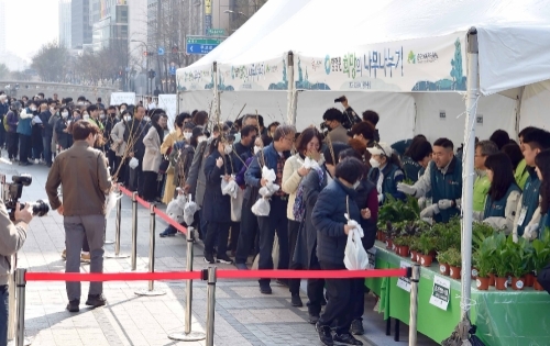 29일 서울 청계광장에서 진행된 '2023 청정원 희망의 나무 나누기 행사'에서 시민들이 나무 묘목을 받아가고 있다. 사진=대상㈜.