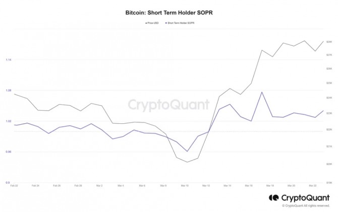 블록체인 분석기업 크립토퀀트(CryptoQuant) 분석가들은 비트코인 단기 보유자들이 1년여 만에 가장 높은 이익 마진으로 이익을 얻고 있다고 말했다. 출처=크립토퀀트