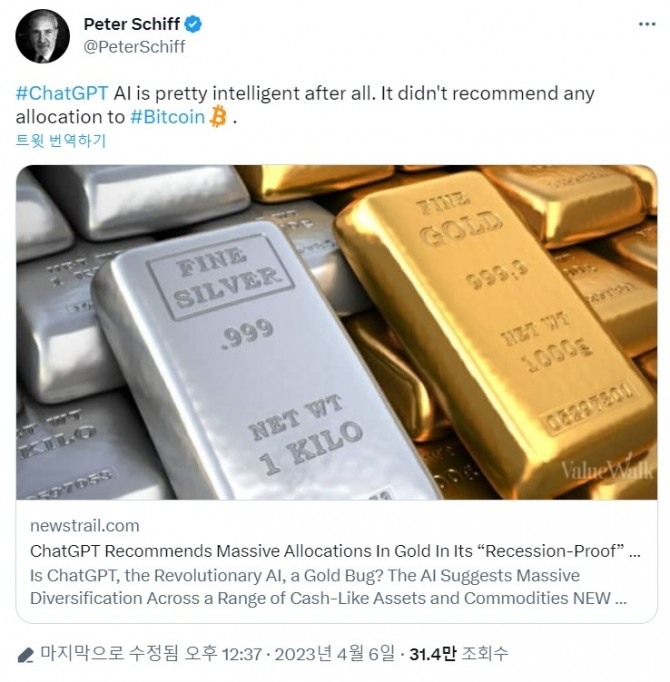 암호화폐 비평가 피터 쉬프가 6일 챗GPT가 비트코인이 아닌 금을 선택했다고 트윗했다. 출처=트위터
