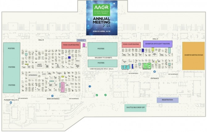 오는 14일부터 AACR 2023이 미국 플로리다 주 올랜도의 오렌지 카운티 컨벤션 센터에서 개최된다. 이번 행사에는 한미약품과 유한양행, 메드펙토 등 다수의 국내 기업들이 참가한다. AACR 2023 전시회 부스 배치도. 사진=AACR 홈페이지 캡처