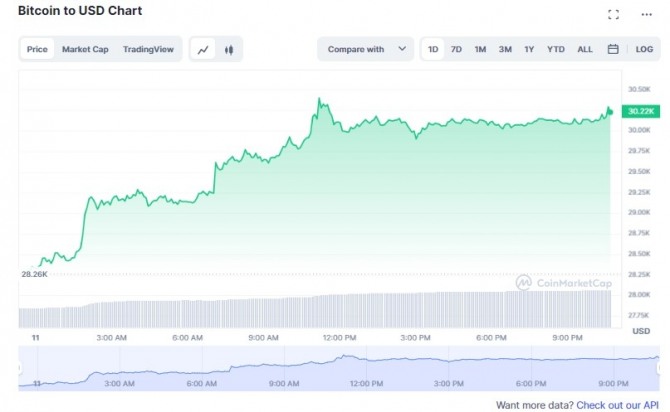 11일 비트코인(BTC)/달러(USD)가격 1일 차트. 비트코인이 7% 이상 급등해 장중 한때 최고 약 3만300달러를 기록했다. 출처=코인마켓캡