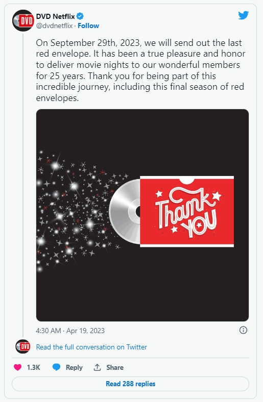 넷플릭스가 19일(현지시간) 트위터에 올린 공지문. 사진=트위터