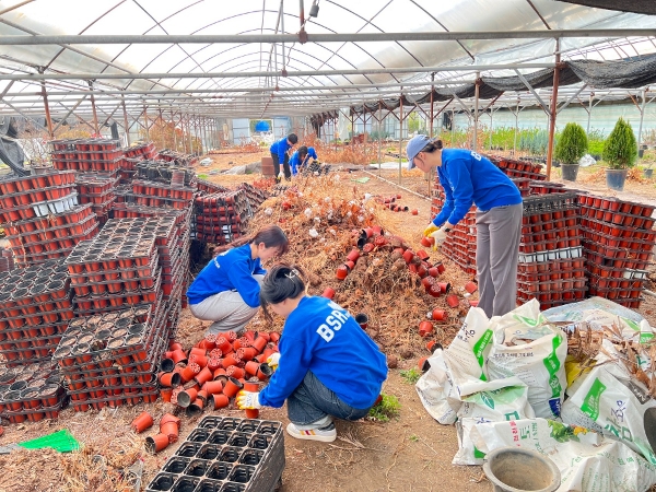 15일 서울 서초구 내곡농원을 방문한 해바라기 봉사단 7기 단원들이 봉사활동을 진행하고 있다. 사진=bhc.