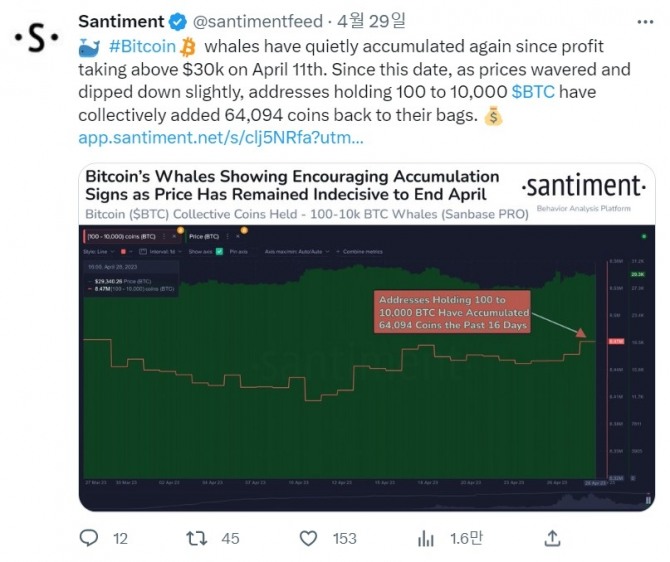 암호화폐 고래들이 최근 비트코인 가격이 하락한 틈을 타 약 20억 달러(약 2조 6870억 원)을 조용히 사들였다. 출처=산티먼트 트위터