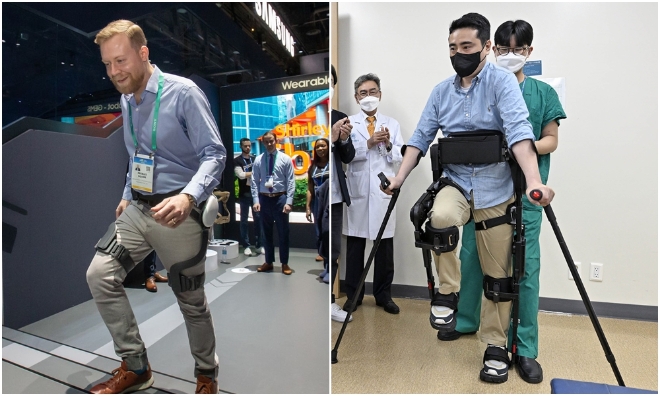 삼성전자가 개발 중인 웨어러블 보행 보조 로봇 ‘젬스(GEMS·왼쪽)’와 현대차가 시범 운용에 나선 의료보조 목적 웨어러블 로봇 '엑스블'. 사진=각 사 취합 
