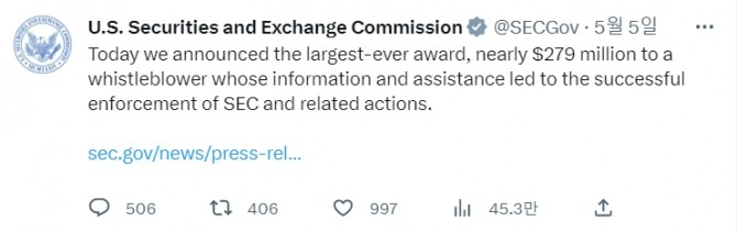 미국 증권거래위원회(SEC)가 5일(현지시간) 암호화폐 단속을 포함해 내부고발자에게 2억 7900만 달러(약 3582억9000만원)의 역대 최고 포상금을 지급했다고 밝혔다. 출처=SEC 트위터