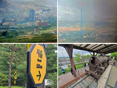(왼쪽 위에서부터 시계 방향으로) 개성공단(가운데 검은 건물이 남북연락사무소), 북한 기정동(機井洞) 마을, 6.25 당시 피폭된 증기기관차, 제3땅굴 소공원. 사진=최양수 기자