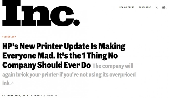 온라인 경제매체 잉크의 HP 관련 기사. 사진=잉크