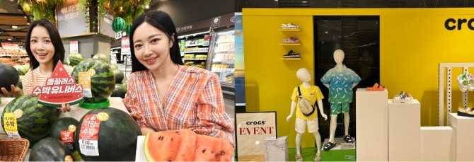 (왼쪽부터) 홈플러스 '수박유니버스' 행사, 신세계백화점 '크록스' 팝업스토어. 사진=각사