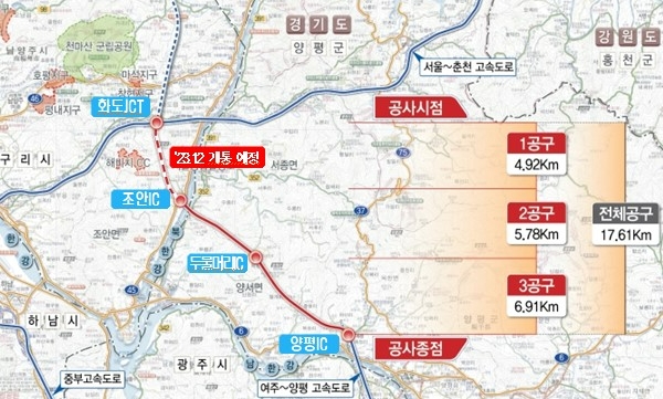 고속국도 제400호 수도권제2순환고속도로 화도JCT～양평IC 구간(17.6km) 위치도. 사진=한국도로공사. 