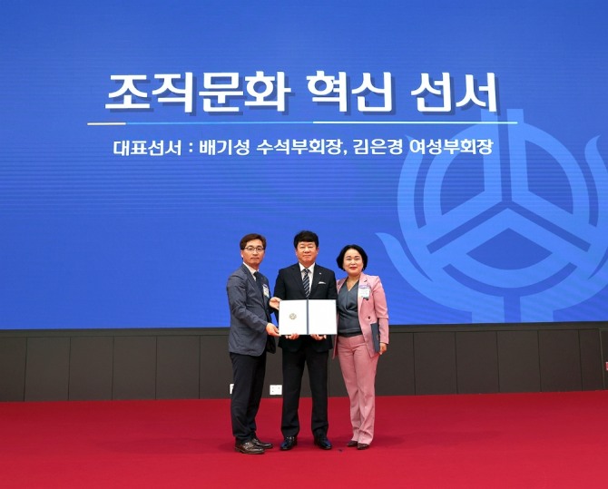 왼쪽부터 전국실무책임자협의회 배기성 수석부회장, 신협중앙회 김윤식 회장, 전국실무책임자협의회 김은경 여성부회장이 신협의 조직문화 혁신을 위한 선서문을 낭독한 뒤 기념사진을 찍고 있다. 사진=신협중앙회