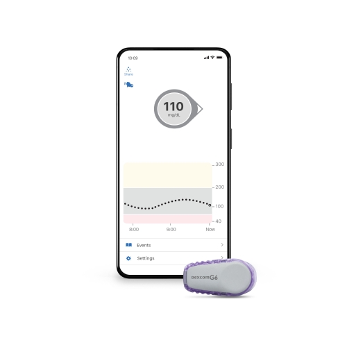 휴온스는 1형 당뇨병 환자들에게 덱스콤G6 트랜스미터를 무상으로 제공한다고 1일 밝혔다. 덱스톰G6 트랜스미터와 애플리케이션 모습. 사진=휴온스