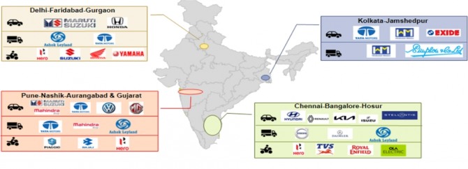 완성차 및 공급망 업체가 체계적으로 구축된 인도의 4대 자동차 허브. 자료=KOTRA