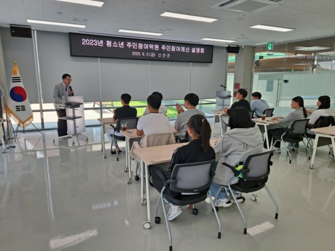 예산학교 개최: 2일 2023년 청소년 주민참여위원 주민참여예산 설명회를 하고 있다./ 전남 신안군=제공