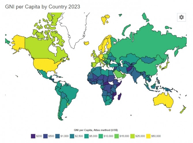 아틀라스 방식 1인당 국민총소득(GNI) 세계 지도. 노란색에 가까울수록 잘 사는 나라다. 사진=세계은행