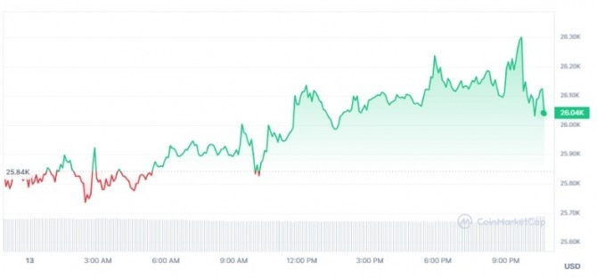 13일 오후 10시 50분 현재 비트코인(BTC)/달러(USD) 가격 1일 차트. 비트코인 가격이 미국 소비자물가지수(CPI) 발표 직후 급등해 2만6300달러 수준을 웃돌았다. 출처=코인마켓캡