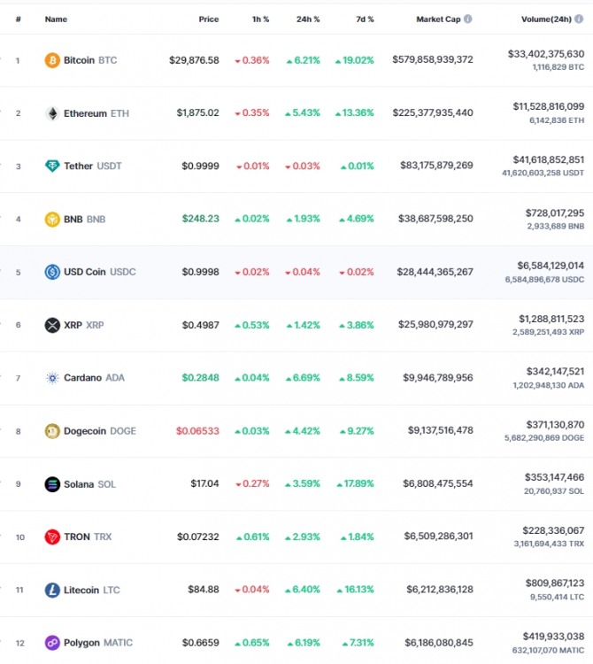 22일 오전 7시 09분 현재 코인마켓캡 기준 시가총액 12위 코인시황. 비트코인(BTC)은 24시간 전 대비 6.21% 폭등해 2만9876.58달러에 거래됐다. 출처=코인마켓캡