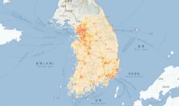 에너지맵 서비스의 하나인 전력사용량 맵은 전력사용 밀도 분포 등을 한눈에 직관적으로 살펴볼 수 있다. 자료=한국전력 