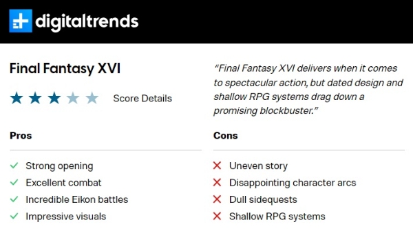 미국 매체 디지털 트렌드는 '파이널 판타지 16' 리뷰 기사에서 인종적 다양성 부족 등을 이유로 게임의 디자인이 시대에 뒤떨어졌다며 60점(100점 만점 기준)을 매겼다. 사진=디지털 트렌드 캡처