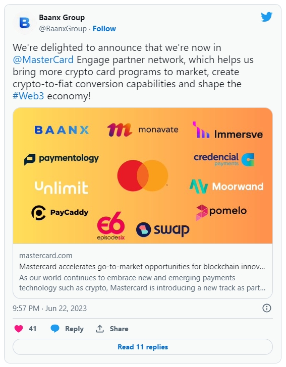 Baanx 그룹은 22일 트위터를 통해 더 많은 암호화폐 카드 프로그램을 시장에 출시하고, 암호화폐를 법정화폐로 전환하는 기능을 만들고, 웹3 경제를 형성하는 데 도움이 되는 마스터카드 인게이지(MasterCard Engage) 파트너 네트워크에 합류하게 되어 기쁘게 생각한다고 말했다. 출처=Baanx 트위터