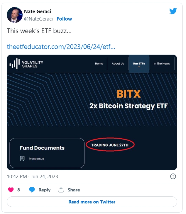 미국 증권거래위원회(SEC)가 지난 23일(이하 현지시간) 최초의 레버리지 비트코인 선물 상장지수펀드(ETF)인  '볼래틸리티 쉐어 2배 비트코인 전략 ETF(BITX)'를 승인했다. 출처=트위터