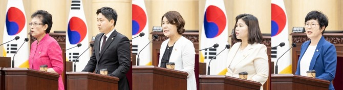 안산시의회가 28일 제283회 제1차 정례회 제2차 본회의를 열어 시정질문과 5분 자유발언을 실시했다. 시정질문에는 이진분 최찬규 의원이, 5분 자유발언에는 김유숙 박은정 박은경 의원이 참여했다. (사진 왼쪽부터 이진분, 최찬규, 김유숙, 박은정, 박은경 의원) 사진=안산시의회