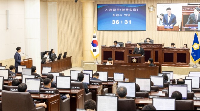 안산시의회가 28일 제283회 제1차 정례회 제2차 본회의를 열어 최찬규 의원이 일문일답 방식으로 이민근 시장과 시정질문을 하고 있다. 사진=안산시의회