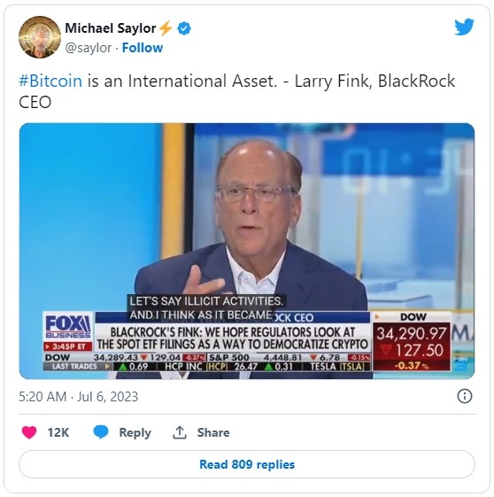 세계 최대 자산운용사 블랙록의 래리 핑크 최고경영자(CEO)는 5일(현지시간) 비트코인(BTC)이 국제적인 자산이며 금융 시스템에 혁명을 일으킬 수 있다고 주장했다. 사진=마이클 세일러 트위터