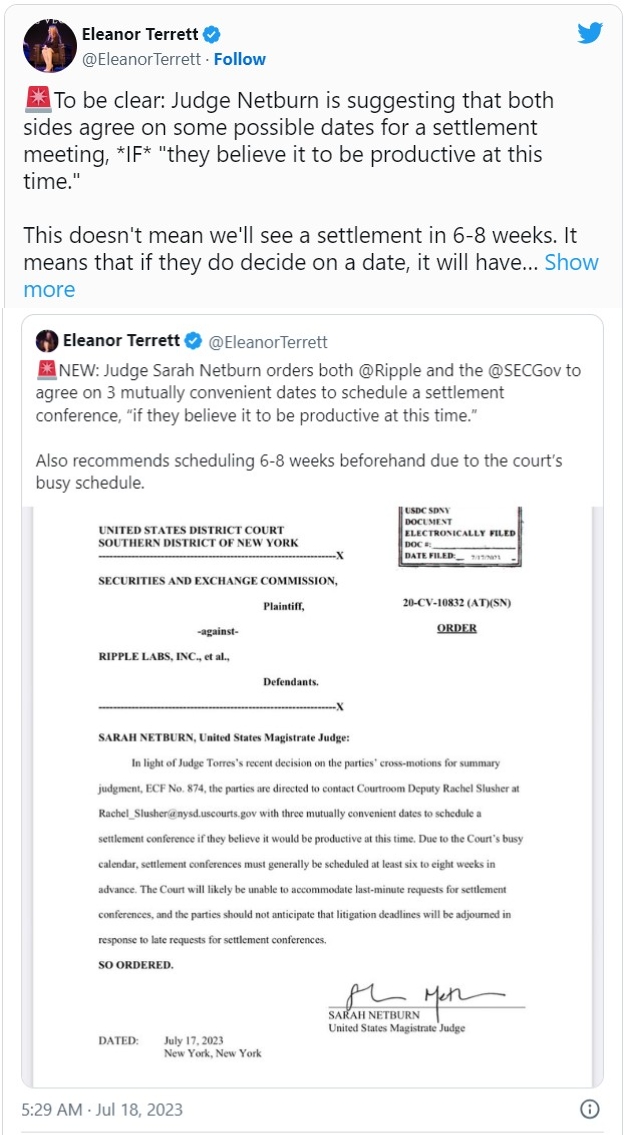 폭스 기자 엘라노어 테렛이 지난 18일 트위터에 공유한 문서에 따르면, 리플-SEC 소송에서 획기적인 판결을 내린 애널리사 토레스 판사는 지난 17일 이 사건을 지방법원 사라 넷번 판사의 일반 예심에 회부해 SEC와 리플이 합의 회의를 개최하라고 했다. 출처=트위터