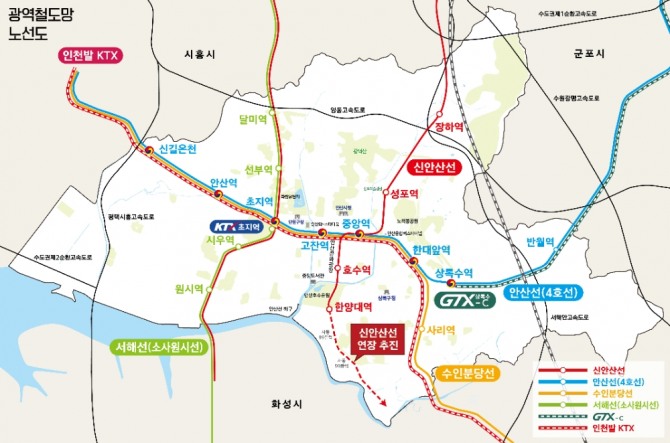 안산시는 19일 열린 기획재정부 제3회 민간투자사업심의위원회에서 ‘수도권광역급행철도(GTX) C노선 민간투자사업 사업시행자 지정 및 실시협약(안)’이 최종 통과돼 GTX-C노선 사업추진이 본격화 될 예정이라고 밝혔다. 광역철도망 노선도=안산시 