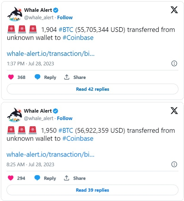 28일 비트코인 고래는 각각 다른 두 건의 거래를 통해 총 3854 BTC를 코인베이스로 전송했다. 출처=웨일 얼랏 트위터