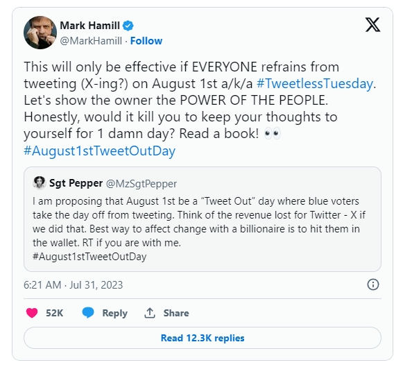 마크 해밀이 7월 31일(현지시간) 트위터의 후신 X에 올린 글. 사진=X