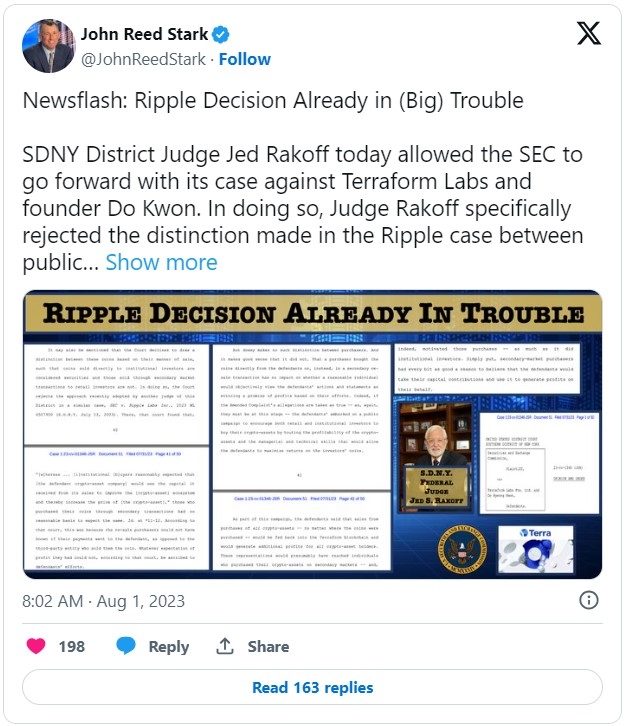 뉴욕 남부 지방법원 판사 제드 라코프 판사는 7월 31일 테라폼랩스 기각 신청에 대해 기각 명령을 내려 SEC와 리플 랩스의 재판이 계속 진행하도록 했으며, 그 과정에서 리플 판결을 번복했다. 출처=트위터 