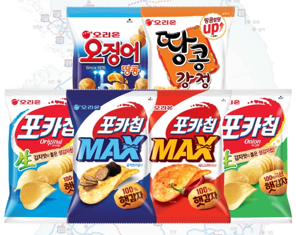 오리온 ‘포카칩’, ‘오징어땅콩’, ‘땅콩강정’ 제품 이미지. 사진=오리온