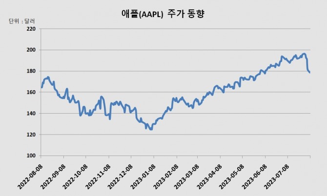 세계 시가총액 1위 기업인 애플이 지난 1일 이후 5거래일 연속하락하며 부진한 모습을 보이고 있다.  그래프=정준범 기자