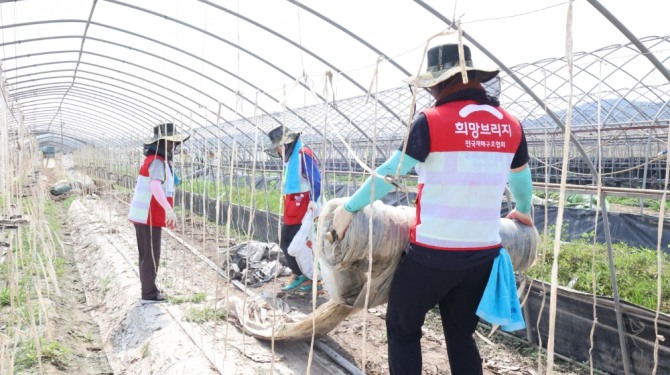 희망브리지가 수해 지역 충남 청양군의 농가를 찾아 비닐하우스에 쌓인 폐기물과 토사를 제거하는 등 복구활동에 힘쓰고 있다. /사진=희망브리지