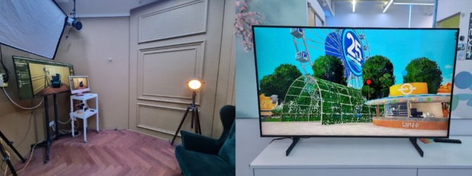 뉴트로 감성으로 사진을 찍을 수 있는 포토부스(왼쪽)과 VR기기로 제주 풍경을 직접 체험할 수 있는 메타버스 월드의 모습. 사진=김성준 기자