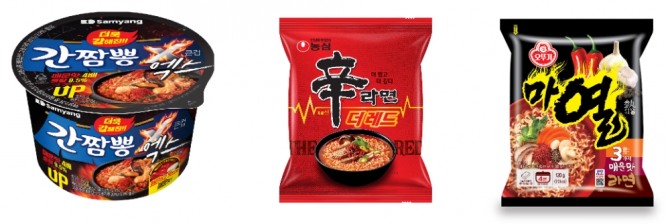 라면 3사가 선보인 ‘매운맛’ 라면 신제품. 사진=삼양라면, 농심, 오뚜기
