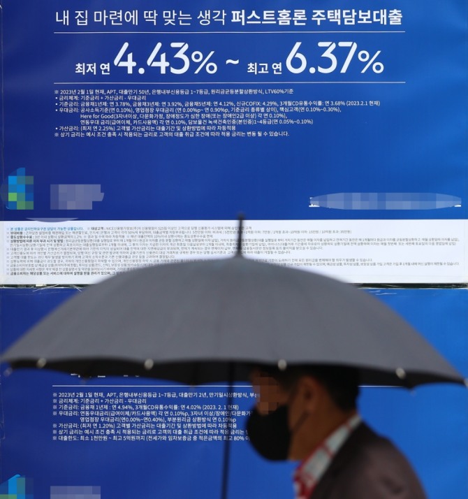 시중은행 주택담보대출 최고 금리가 연 7%에 육박하고 있다. 사진은 지난 4월 주택담보대출 금리 관련 현수막. 사진=연합뉴스