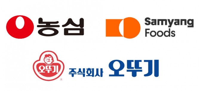 농심, 삼양식품, 오뚜기 CI. 사진=농심, 삼양식품, 오뚜기