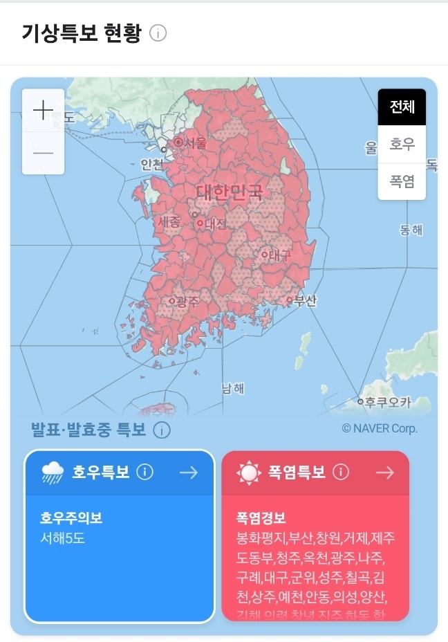 기상특보 현황(오늘일기예보, 오늘날씨예보). 사진=기상청, 웨더아이, 네이버