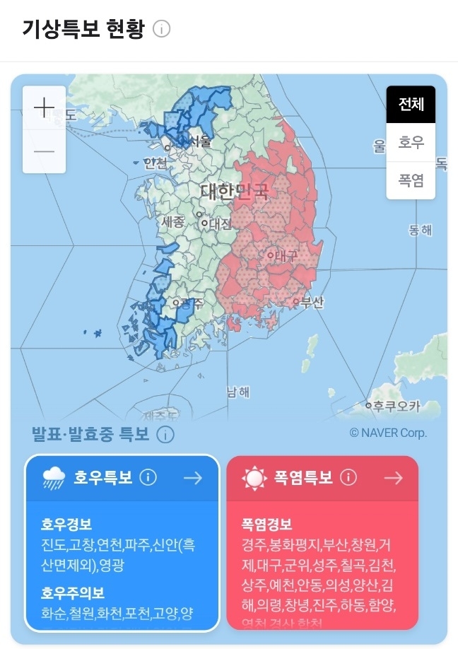 기상특보 현황(오늘일기예보, 오늘날씨예보). 사진=기상청, 웨더아이, 네이버