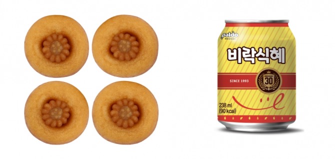 신세계푸드 ‘약과 도너츠’(왼쪽)와 팔도 ‘비락식혜’ 제품 이미지. 사진=각사 제공