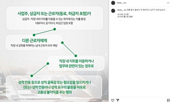 최근 김연경 저격 글을 올린 이다영이 23일 개인 인스타그램에 ‘직장내 성희롱 예방 대응 매뉴얼’과 의미심장한 글을 게재했다. 앞서 이다영은 과거 김연경과 나눈 것으로 추정되는 카톡 내용을 지난 18일 공개한 데 이어 19일에는 “(나를) 술집 여자 취급했다” 등 일방적 주장을 이어갔다. 사진은 이다영이 올린 ‘직장내 성희롱 예방 대응 매뉴얼’. 사진=이다영 인스타그램