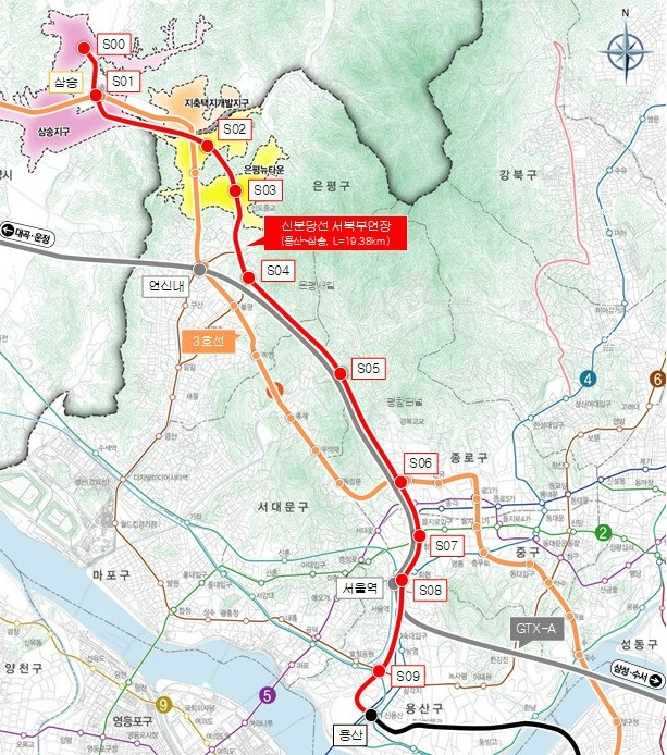 기획재정부 예비타당성조사에서 탈락한 신분당선 서북부 연장(용산~삼송) 노선도. 자료=서울시