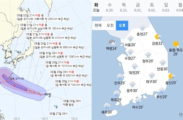 태풍경로 현재위치 실시간, 오늘일기예보(오늘날씨예보)에 따른 11호 하이쿠이 태풍 경로예상과 태풍이동경로(태풍 진로 예상)와 기상청이 발표한 오늘내일 일기예보, 오늘내일 날씨예보(전국날씨 '오후') 자료. 사진=케이웨더, 다음, 기상청, 웨더아이, 네이버