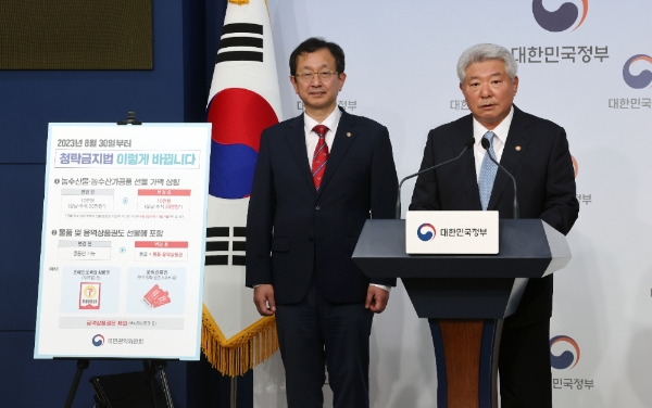 김홍일 국민권익위원회 위원장(오른쪽)이 29일 서울 종로구 정부서울청사 별관 브리핑룸에서 청탁금지법 시행령 개정안 국무회의 의결 내용을 브리핑하고 있다.사진=연합뉴스