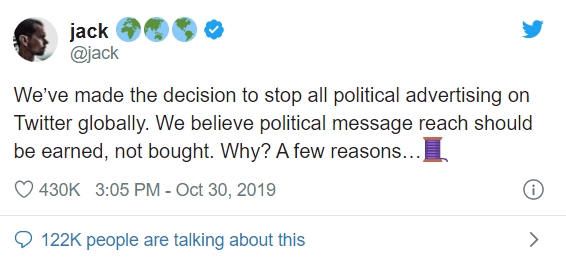 지난 2019년 10월 당시 잭 도시 트위터 CEO가 정치광고를 전면 중단하겠다며 올린 트윗. 사진=트위터