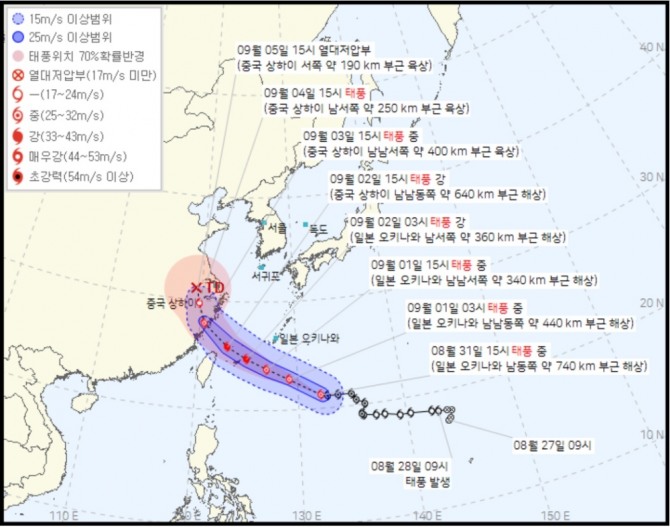 태풍 경로 현재위치 실시간, 오늘일기예보(오늘날씨예보)에 따른 하이쿠이 11호 태풍 경로예상 및 태풍 이동경로(태풍 진로 예상). 사진=케이웨더, 다음